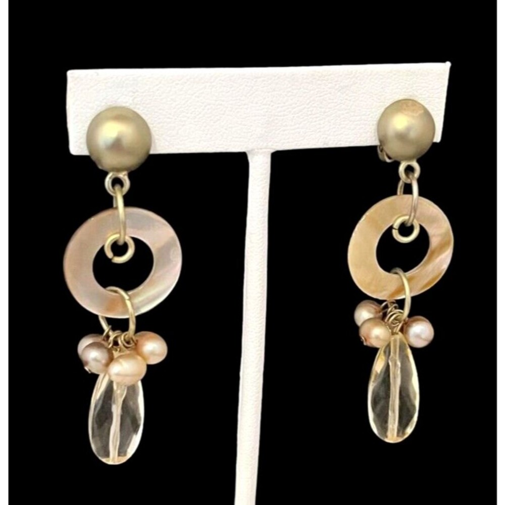 Vintage 1980s Shell Dangle Clip On Earrings Gold Tone Coastal Resort NOS - 3F